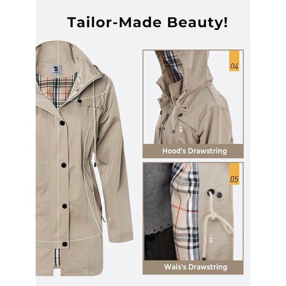 Women's Khaki Waterproof Long Raincoat Outdoor Windbreaker Jacket with Hood - Picture 6 of 7